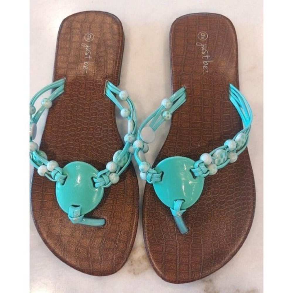 Just Be‎ Beachy Beaded Sandals Turquoise Flat Size 9